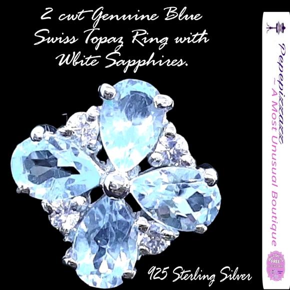 NWT 2cwt GENUINE BLUE TOPAZ ring sapphires 925 Sterling silver handcrafted. 7.5